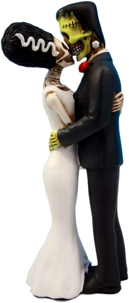 Ebros Day of The Dead Wedding True Love Kiss Skeleton Frankenstein Skull Bride and Groom Couple Figurine Graveyard Macabre Ossuary Halloween Bridal Spooky Home Decor Statue