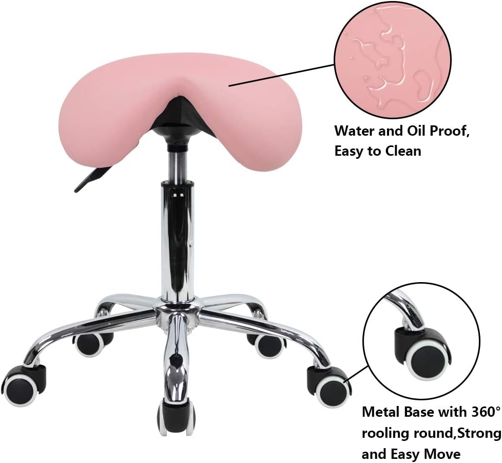 KKTONER Rolling Saddle Stool PU Leather Swivel Adjustable Rolling Stool with Wheels Salon Chair (Pink): Kitchen & Dining