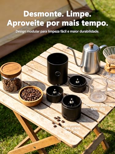 GODREAM Moedor de Café Elétrico Portátil, com Lâminas Cônicas em Liga Cerâmica, 38 Níveis de Moagem Ajustáveis, Sem Fio e Recarregável, Ideal para Casa, Viagens e Camping, com Escova de Limpeza