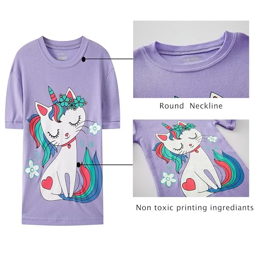 JOYOND GIRLS SUMMER COTTON PAJAMAS 4 PIECE SNUG-FIT SLEEPWEAR FOR TODDLER CLOTHES KIDS SHORT SLEEVES CUTE CAT PJS SET 4T