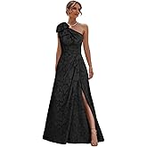 Monvelli One Shoulder Floral Jacquard Mother of The Bride Dresses with Bow Pleated Chiffon Formal Evening Gowns with Slit