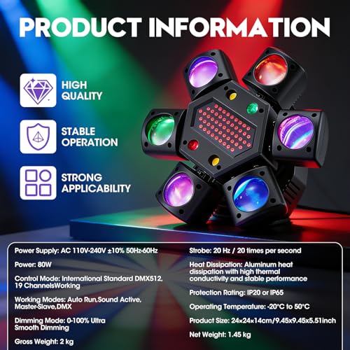 DMX512 LED Moving Head 80W RGBW Disco Projector Light with Remote Control, 6 Light Arms + Bee Eye Effect, DMX512 for DJ Bar Wedding Party