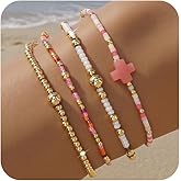 Winerbalaa 4PCS Colorful Cross Gold Beaded Bracelet Stack for Women,Handmade Boho Small Beads Gold Ball Stackable Bracelets Set Trendy Prom Jewelry Gift