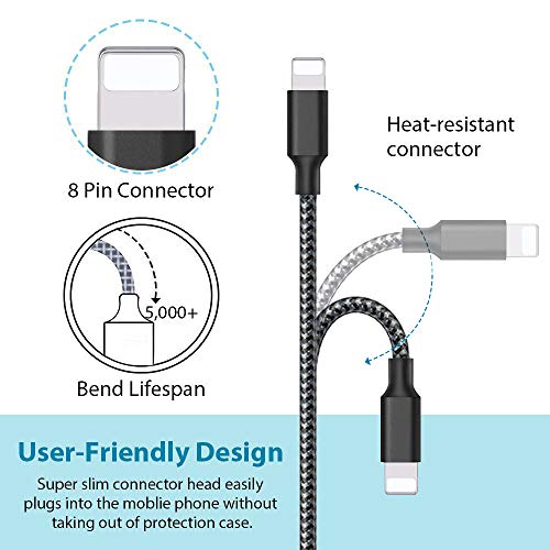 Lightning Cable, iPhone Charger Cables, 5Pack 2x3FT 2x6FT 10FT to USB Syncing Data and Nylon Braided Cord Charger for iPhone Xs Max, XR, X, 8, 7, Plus, 6, 6S, 6 Plus, 5, 5C, 5S, SE - Black