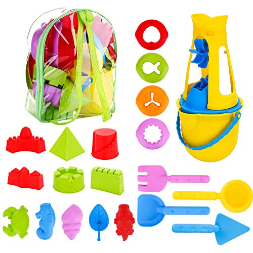 Young Choi's Kids Beach Sand Toy Mold Set with Reusable Backpack, Green Outdoor Pool Play Set with Mold Bucket for Toddlers (Green Sand Toy Backpack)