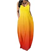 Fussangshu Women's Summer Maxi Dress Long Dress Casual Boho Sleeveless Strap Smocked Tiered Long Beach Sun Dresses