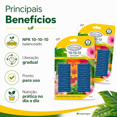 Adubo Fertilizante Vithal Bastonetes 10-10-10, Aplicação via Solo, Kit com 2 Pacotes, 30 Unidades Cada