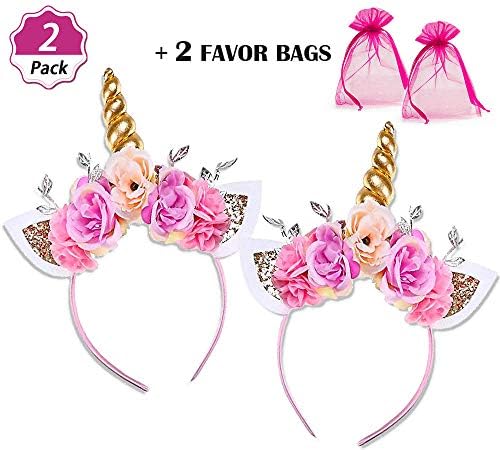 DaisyFormals Unicorn Headbands Gold Unicorn Horn Flowers Headband for Girls Adults Birthday Outfit, Halloween Costume|Best Unicorn Party Favors and Decorations Set + 2 Free Organza Treat Bags