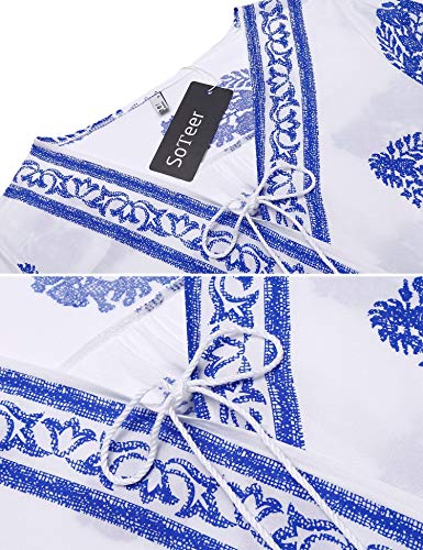 SoTeer Women Long Sleeve Shirt V Neck Boho Tops Floral Shirt Blouses Loose Tunic Tops White