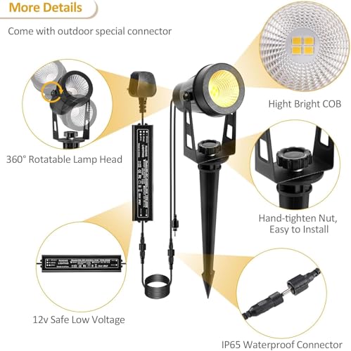 ECOWHO Garden Spotlights Mains, 21m Extendable Outdoor Spike Lights 12V LED Pathway Lighting IP65 Waterproof Electric Garden Uplighter for Path Yard Patio (18W 6-Packs Warm White), Wall/Spike Mounted