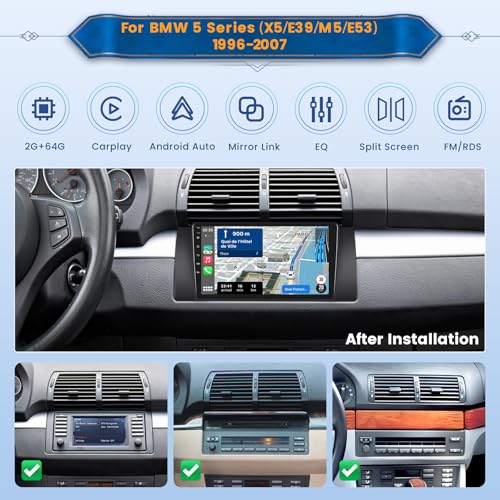 Inefala 2+64G Android 15 CarPlay Radio for BMW 5 Series (X5/E39/M5/E53) 1996-2007, Touch Screen 9'' with CarPlay and Android Auto, Support GPS Navigation Mirror Link Bluetooth RDS AHD WiFi DSP