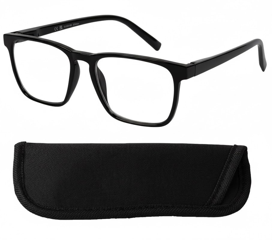 I-Sential Bifocal Reading Glasses & Case Sprung Hinges Gloss Black Designer Frame Mens Womens Readers +1.25