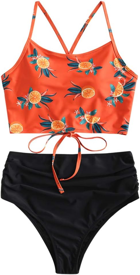 Women High Waisted Bikini Set Sunflower Two Piece Tankini Lace Up Wrap Bathing Suit Full Coverage Swimsuit