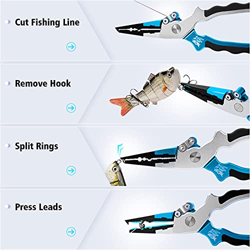 2-Pack Fishing Pliers - Stainless Steel Multi-Tool With Line Cutter, Hook Remover, Split Ring Opener & Lanyard (5", Black/Blue)