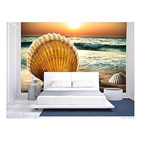Sea Shells in The Sand, a Sunset. - Removable Wall Mural | Self-Adhesive Large Wallpaper - 66x96 inches