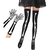 FHGG Halloween Skeleton Gloves Stockings Set UV Black High Long Stockings Over Knee Socks and Full Finger Bones Long Arm Gloves One Size for Women Halloween Cosplay Parties Tights Accessory