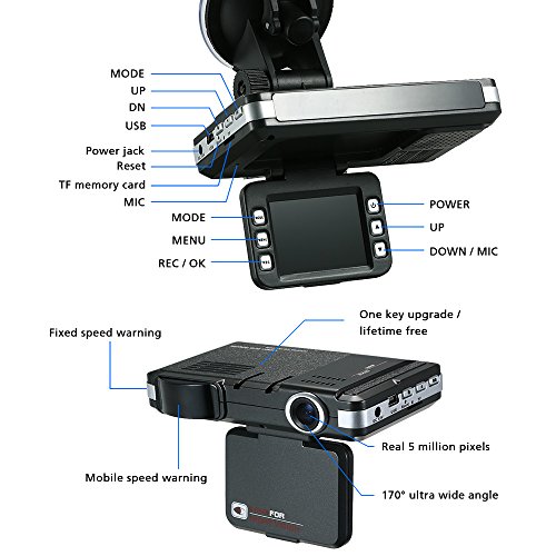 Tickas Car Dashboard Camera Recorder, Car DVR 2 in 1 720P Dash Cam Radar Speed Detector with Full Band Mute Button Loop Recording G-Sensor Anti Radar Detector
