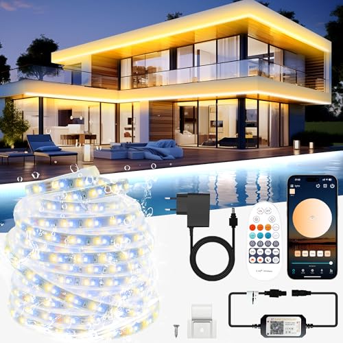 TENDIST 20 m Outdoor LED Strip, LED Strip Outdoor Warm White to Cool White, Waterproof IP67, 24 V LED Strip Light, Dimmable with Remote Control, Light Strips, Self-Adhesive Outdoor for Patio, Gazebo