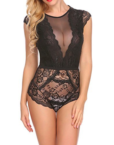 DLOREUK Women\'s Lace Bodysuit Backless One Piece Nightwear Black M