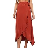 Ezcosplay Women Ruffle Wrap Skirt Tie Waist Boho High Low Asymmetrical Midi Beach Skirt
