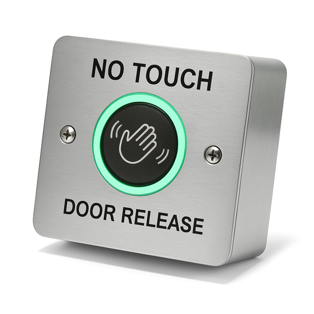 SecureMyDoor - No Touch Exit Button Hands-Free Door Release Switch with LED Indicator - Surface Mount with Infrared Technology - Brushed Stainless Steel