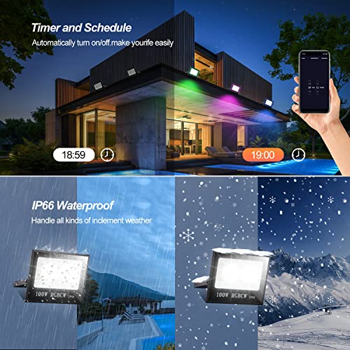 HELVAK Flood Lights Outdoor,100W RGBCW Smart Home Lighting, Outdoor Spot Lights Yard Landscape Lighting with APP Control+2.4G Remote Control, for Garden Stage Lighting,Party