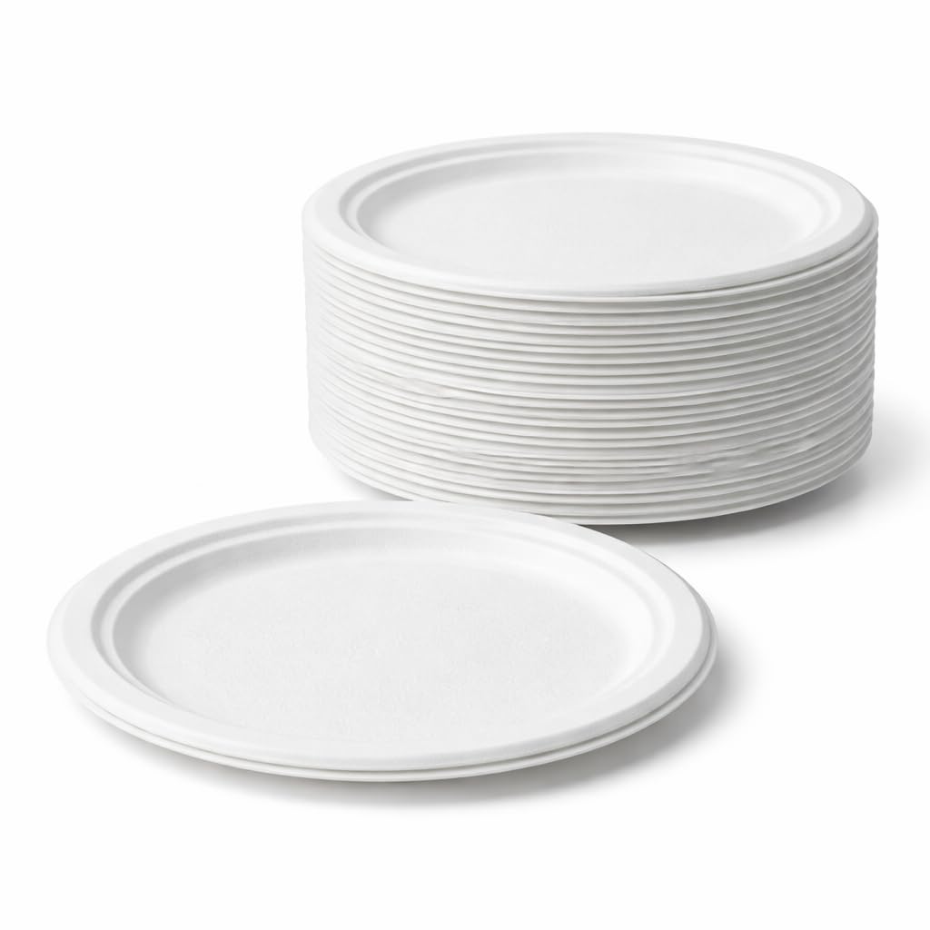 Venuscello® 50 x Bagasse Paper Plates 7" (18cm) White Biodegradable Sugarcane Party Lunch Dinner Plate for Christmas Parties Birthday Weddings Travelling Picnic Catering Supply