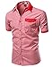 Color Contrast Collar Striped Short Sleeve Shirts Red Size L