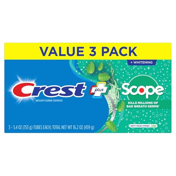CREST + SCOPE WHITENING TOOTHPASTE – PACK OF 3, 5.4 OZ TUBES – ANTICAVITY FLUORIDE TOOTHPASTE, FRESH BREATH, KILLS GERMS – TARTAR PROTECTION, ENAMEL PROTECTION – MINTY FRESH FLAVOR