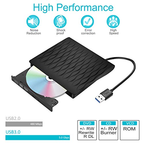 External CD DVD Drive,USB 3.0 Slim Portable CD/DVD Writer/Rewriter/Burner,Optical Drives Player for PC Desktop Laptop (Black)