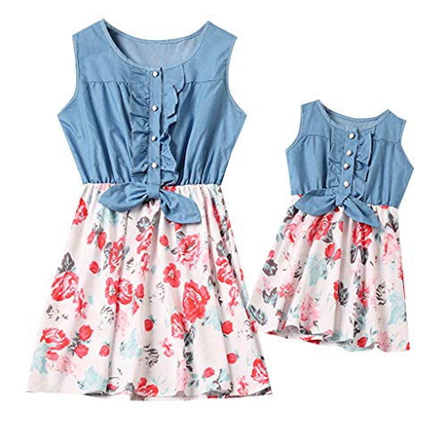 Mommy And Me Matching Mini Dresses Sleeveless Top Denim Bowknot