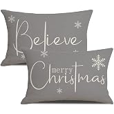Christmas Pillow Covers 12 x 20 Inch Set of 2 Merry Christmas Believe Gray Throw Pillow Covers Winter Xmas Winter Holiday Decorative Cushion Cases for Sofa Couch