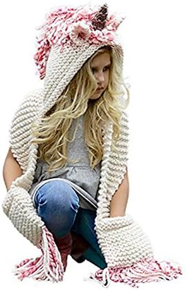 Beles Crochet Unicorn Winter Hat With Scarf Pocket Hooded Knitting Beanie With Gloves