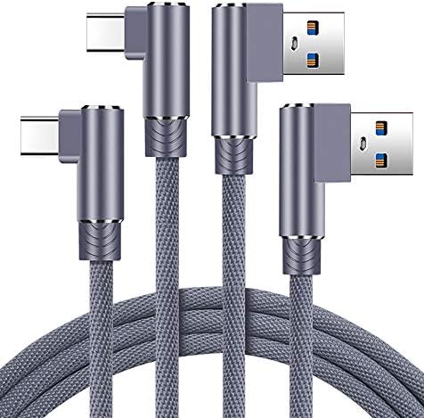 USB Type C Cable 90 Degree 2 Pack 6.6ft, Braided Right Angle USB 2.0 C to A Charger Data Transfer Fast Charging Long Cord for Samsung Galaxy Note 9 8 S8 Plus, Google Pixel 2, Nexus 6P, Moto G6 (Grey)