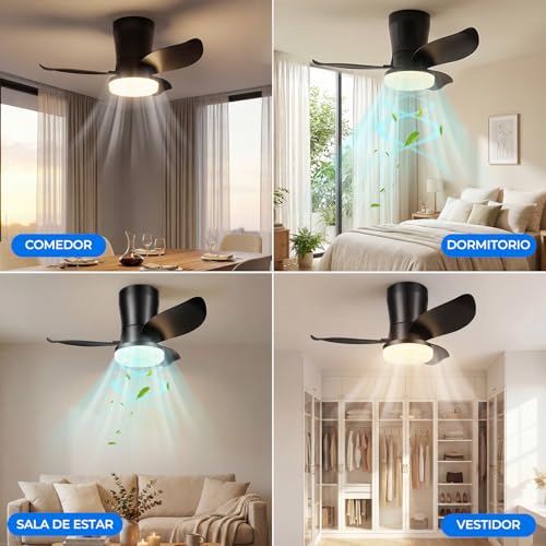Ventilador De Techo Modernos De 26 Pulgadas, Ventilador De Techo Con Luz Led Y Control Remoto, Lampara Ventilador Silencioso De 3 Aspas Para Interior/exterior Con 3cct 6 Velocidades (Negro)