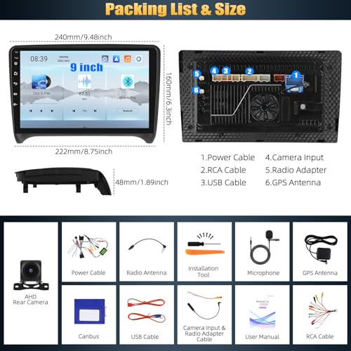 CAMECHO [Qualcomm 8-Core] Android 15 Car Radio for Audi TT 8J MK2 2004-2018, 4+64G Navi Wireless Carplay DSP, 9" Touch Screen Radio Android Auto WiFi RDS/FM Bluetooth Link Mirror+Rear View Camera