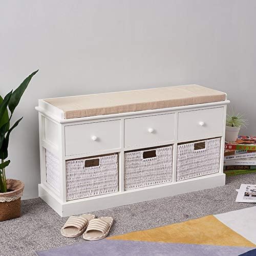 WEIBO 3 Drawer 3 Basket Storage Bench Wooden Shoe Storage Cabinet with Seat Cushion, Beige&White (Type-12)