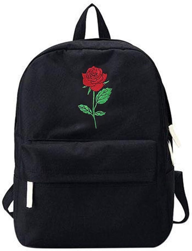 VHVCX Backpack Women Canvas Rose Flower Embroidery Student Teenage
