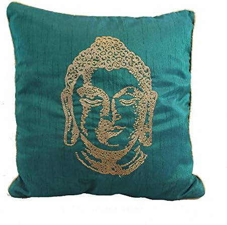 Stylla London Designer Buddha Face Ethnic Embroidery Silk Cushion Cover (Blue)