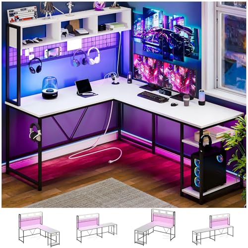 Escritorio en L,Escritorio Gamer con Regleta y Tira LED,Reversible con Estante Escritorios L,Escritorios Gamer en L con Espacio de Almacenamiento.(Blanco)