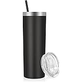 VEGOND Stainless Steel Skinny Tumbler, 20 oz Vacuum Insulated Tumbler with Lid and Straw, Double Wall Coffee Cup, Travel Mug for Cold Hot Drinks, Black 1 Pack
