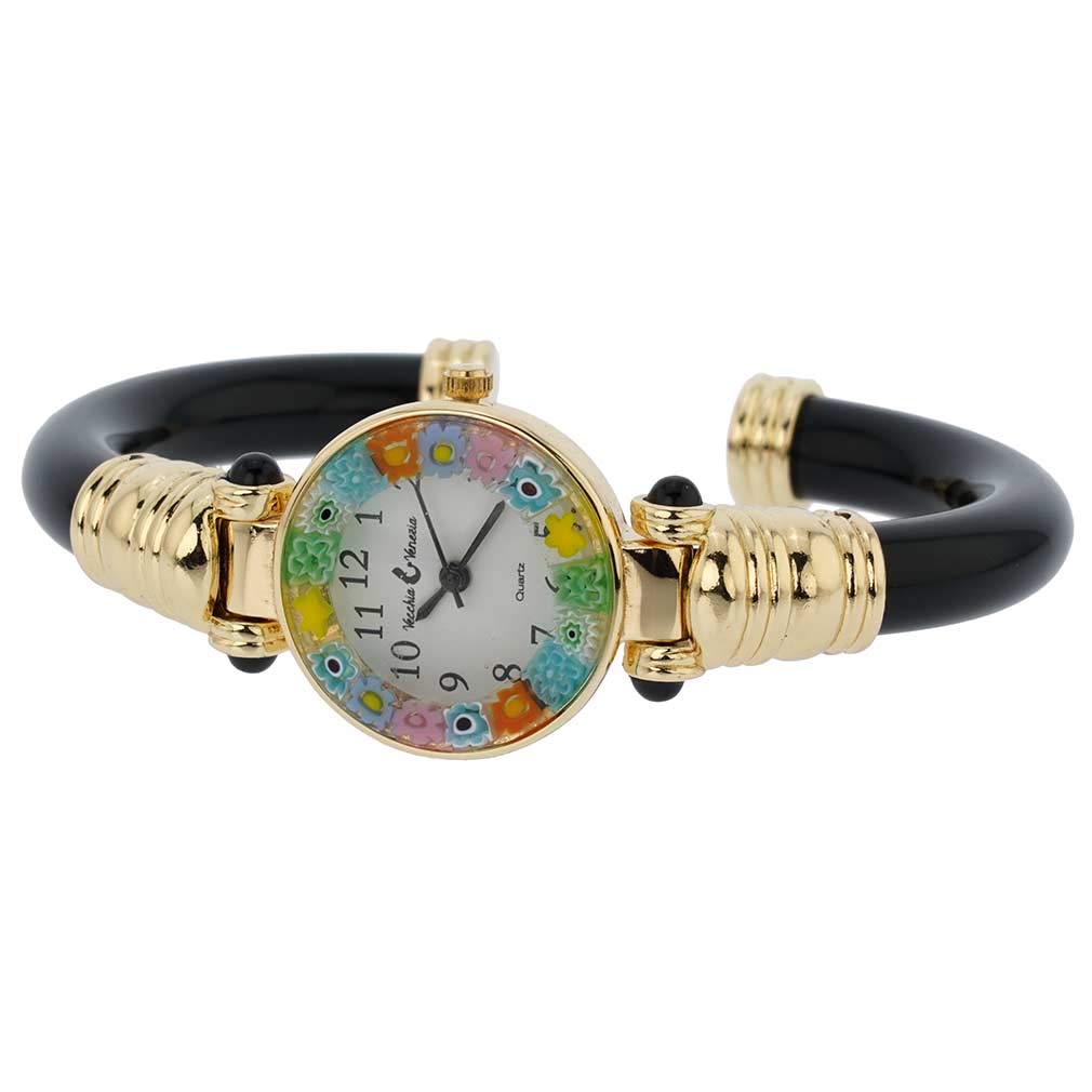 Glass Of Venice Murano Glass Millefiori Bangle Watch - Black Gold Multicolor