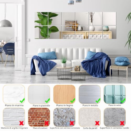 QEEYON 6 Pieces Glass Mirror 15 x 15 cm, Self-Adhesive Mirror Tiles, HD DIY Mirror Sticker for Wall, Wardrobe, Bathroom, Living Room, Bedroom Decoration