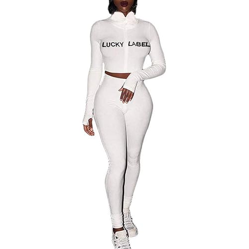 Xibulin Women's 2 Piece Outfit Embroidered Letter Print Ribbed Zipper Short Top Bodycon Long Pants Tracksuit