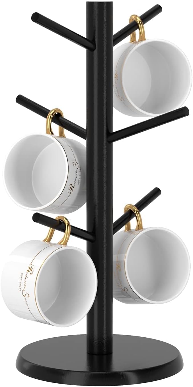 MEETOZ Mug Holder Tree, Coffee Mug Holder Countertop, Coffee Cup Holder with 6 Hooks, Weighted Coffee Tree Mug Holder for Counter,Coffee Bar Accessories and Decor,Coffee Station Organizer (Black)