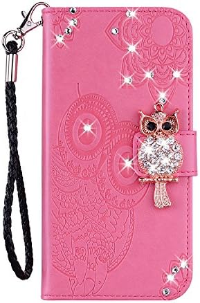 Cfrau Diamond Kickstand Case with Black Stylus for Samsung Galaxy A80,Luxury Embossed Crystal 3D Owl Flower Bling Glitter Wallet PU Leather Shockproof Soft TPU Wrist String Case - Pink