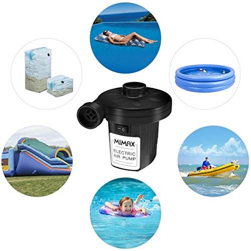 MIMAX Electric Air Pump Air Mattress Pump Portable Air Pump Quick-Fill Inflator Deflator 110V AC/12V DC with 3 Nozzles for Inflatables Air Bed Boat Raft Mattress Outdoor, Car Use, Indoor, Black
