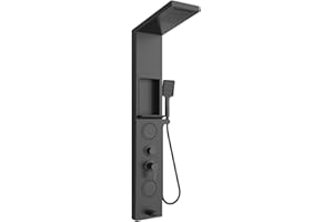 ELLO&ALLO Shower Panel System Tower with Shelf, Rainfall and Waterfall Head Rain Massage Stainless Steel Bathroom Fixtures with Adjustable Body Jets, Black