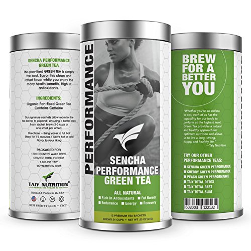 Taiy Nutrition Organic Sencha Premium Performance Green Tea, Antioxidant, Fat Burner, Endurance, Energy, Recovery, 12 Premium Sachets, 2-3 Cup Brew Per Bag