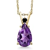 Gem Stone King 14K Yellow Gold Purple Amethyst and Black Diamond Pendant Necklace for Women | 1.76 Cttw | Gemstone February Birthstone | Pear Shape 10X7MM | With 18 Inch Chain